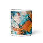 Cốc sứ hình vẽ tranh trừu tượng màu xanh, cam và trắng