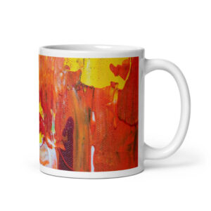 Cốc sứ hình vẽ tranh trừu tượng màu cam đỏ và xanh lá cây