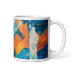 Cốc sứ hình vẽ tranh trừu tượng màu xanh, cam và trắng