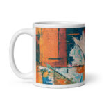 Cốc sứ hình vẽ tranh trừu tượng màu xanh, cam và trắng