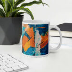 Cốc sứ hình vẽ tranh trừu tượng màu xanh, cam và trắng