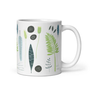 Cốc sứ họa tiết hình lá, đá và lông vũ