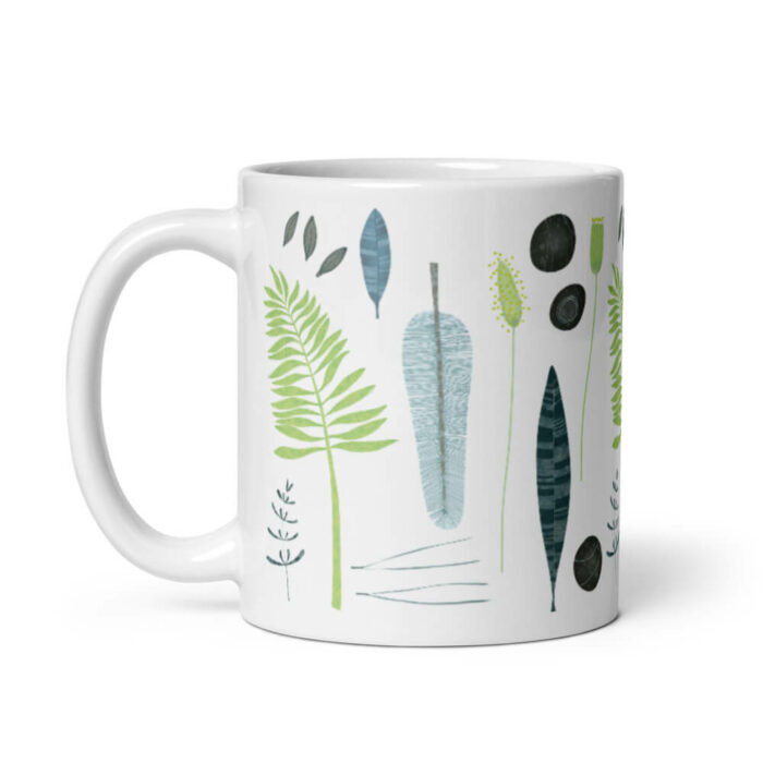 Cốc sứ họa tiết hình lá, đá và lông vũ